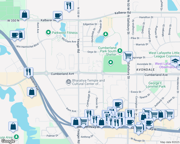 map of restaurants, bars, coffee shops, grocery stores, and more near 1056 Cumberland Avenue in West Lafayette