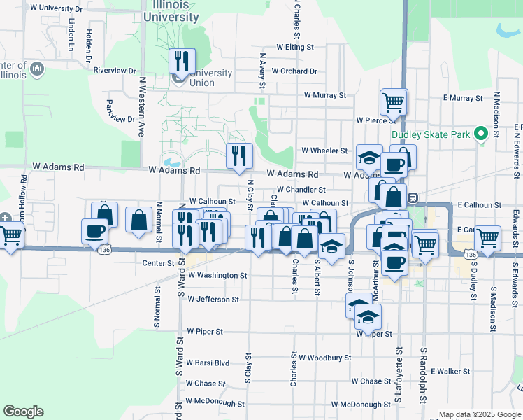 map of restaurants, bars, coffee shops, grocery stores, and more near 233 North Clay Street in Macomb