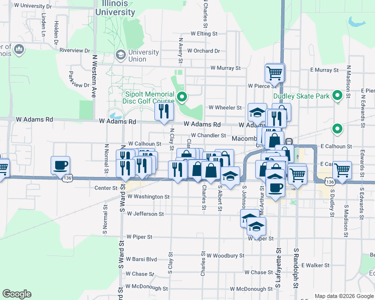 map of restaurants, bars, coffee shops, grocery stores, and more near 533 Clark Street in Macomb