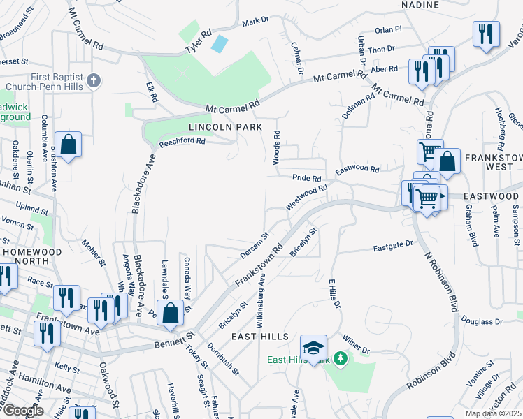map of restaurants, bars, coffee shops, grocery stores, and more near 8603 Pershing Street in Pittsburgh