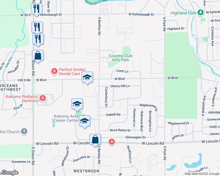 map of restaurants, bars, coffee shops, grocery stores, and more near 1705 Cherry Hill Lane in Kokomo