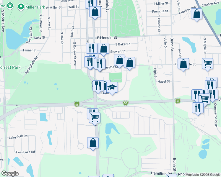 map of restaurants, bars, coffee shops, grocery stores, and more near 12 Toms Drive in Bloomington
