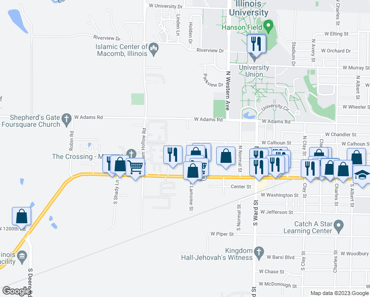 map of restaurants, bars, coffee shops, grocery stores, and more near 216 North Lamoine Street in Macomb