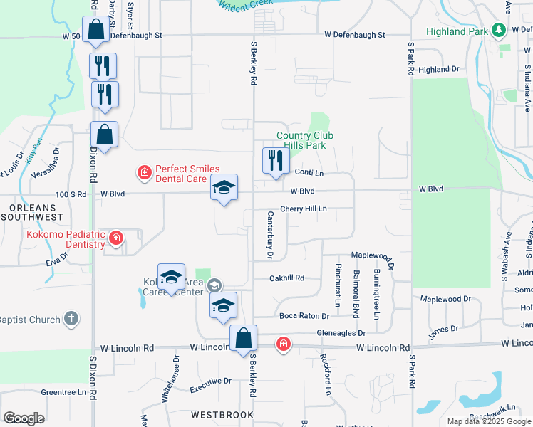 map of restaurants, bars, coffee shops, grocery stores, and more near 1705 Cherry Hill Lane in Kokomo