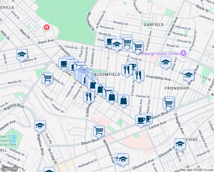 map of restaurants, bars, coffee shops, grocery stores, and more near 355 Gross Street in Pittsburgh