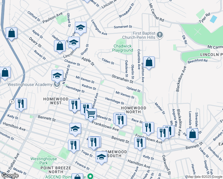 map of restaurants, bars, coffee shops, grocery stores, and more near 7238 Mount Vernon Street in Pittsburgh