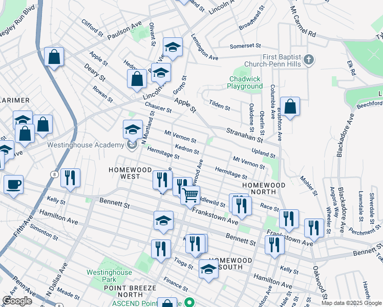 map of restaurants, bars, coffee shops, grocery stores, and more near 7140 Kedron Street in Pittsburgh