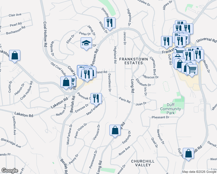 map of restaurants, bars, coffee shops, grocery stores, and more near 124 Dauntless Drive in Pittsburgh