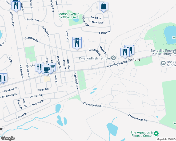 map of restaurants, bars, coffee shops, grocery stores, and more near 502 Washington Road in Sayreville