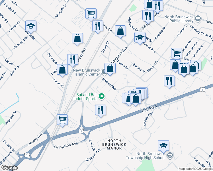 map of restaurants, bars, coffee shops, grocery stores, and more near 414 North Oaks Boulevard in North Brunswick Township