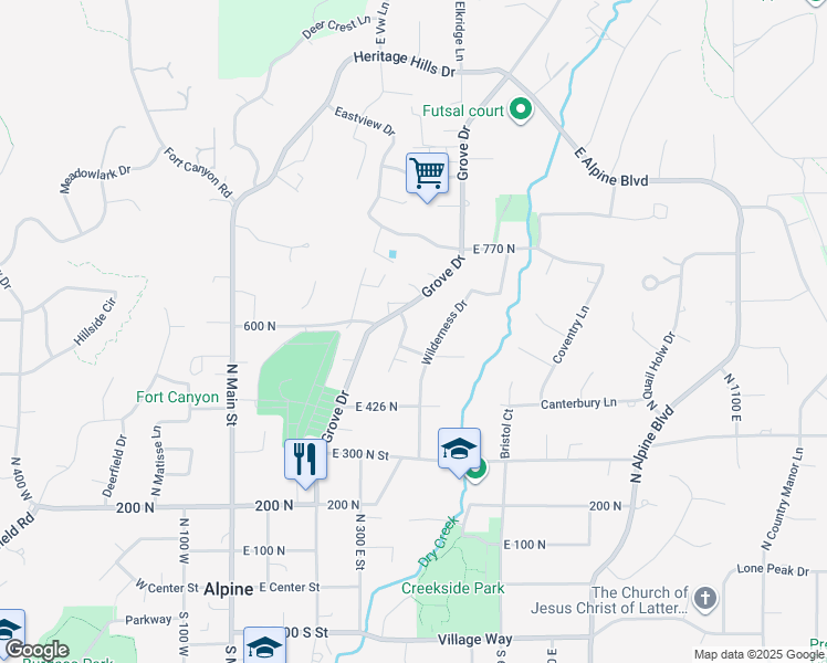 map of restaurants, bars, coffee shops, grocery stores, and more near 588 Mountainville Circle in Alpine