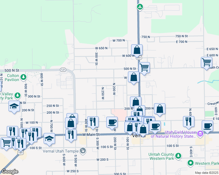 map of restaurants, bars, coffee shops, grocery stores, and more near 225 West 350 North in Vernal