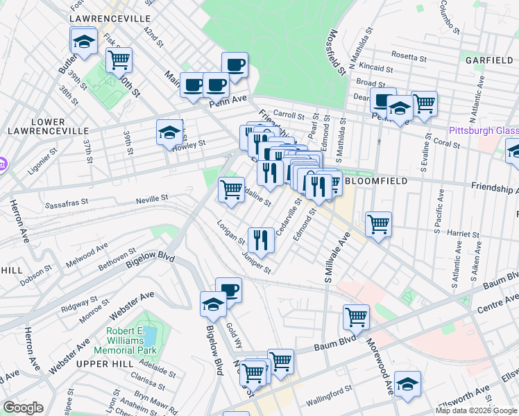 map of restaurants, bars, coffee shops, grocery stores, and more near 405 Sapphire Way in Pittsburgh