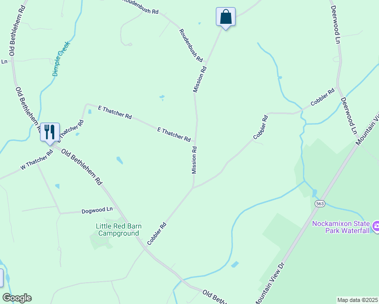 map of restaurants, bars, coffee shops, grocery stores, and more near 1373 Mission Road in Quakertown