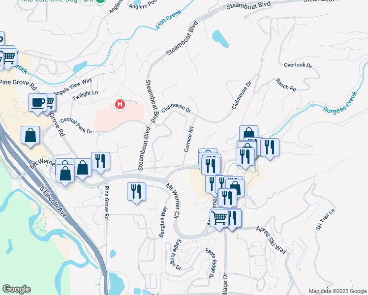 map of restaurants, bars, coffee shops, grocery stores, and more near 1945 Cornice Road in Steamboat Springs