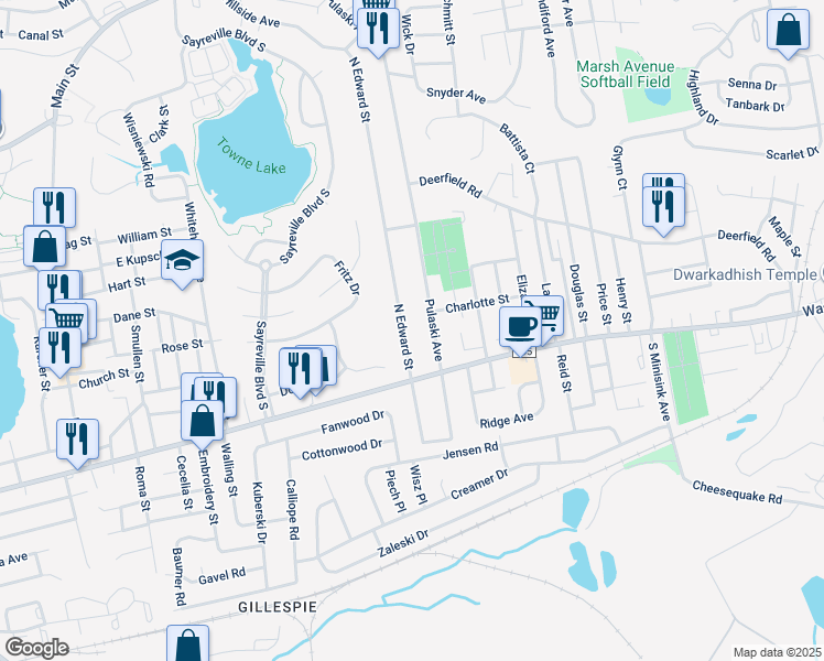 map of restaurants, bars, coffee shops, grocery stores, and more near 30 North Edward Street in Sayreville