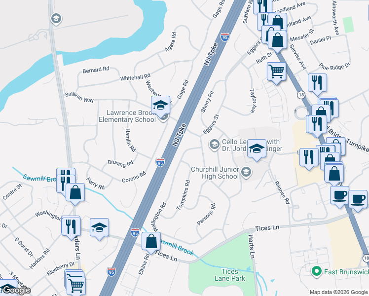 map of restaurants, bars, coffee shops, grocery stores, and more near 5 Wellington Road in East Brunswick
