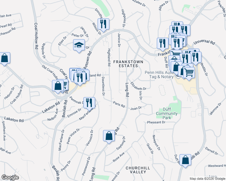 map of restaurants, bars, coffee shops, grocery stores, and more near 347 Highland Road in Pittsburgh