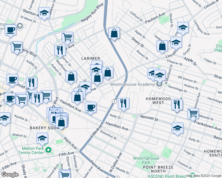 map of restaurants, bars, coffee shops, grocery stores, and more near 529 Finley Street in Pittsburgh