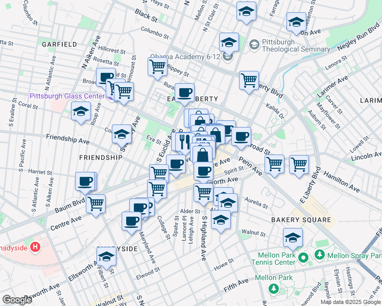 map of restaurants, bars, coffee shops, grocery stores, and more near 5940 Baum Square in Pittsburgh