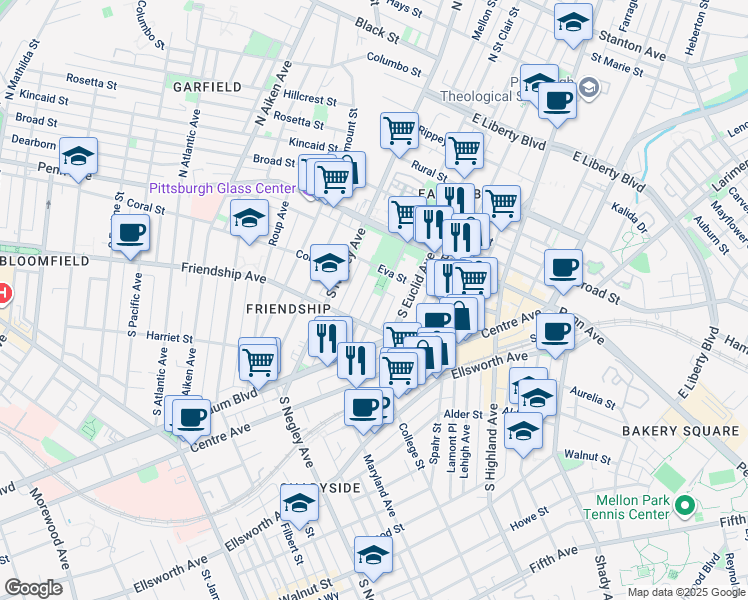 map of restaurants, bars, coffee shops, grocery stores, and more near 225 Amber Street in Pittsburgh