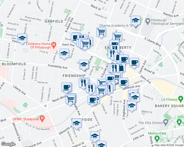 map of restaurants, bars, coffee shops, grocery stores, and more near 225 Amber Street in Pittsburgh