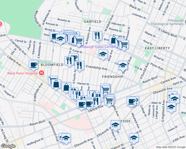map of restaurants, bars, coffee shops, grocery stores, and more near 330 South Aiken Avenue in Pittsburgh
