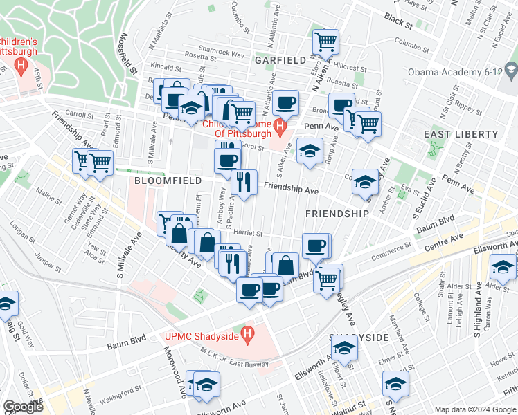 map of restaurants, bars, coffee shops, grocery stores, and more near 342 South Atlantic Avenue in Pittsburgh