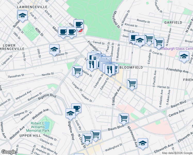map of restaurants, bars, coffee shops, grocery stores, and more near 328 Garnet Way in Pittsburgh
