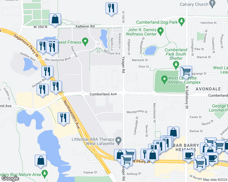 map of restaurants, bars, coffee shops, grocery stores, and more near in West Lafayette