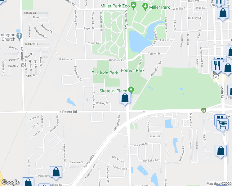 map of restaurants, bars, coffee shops, grocery stores, and more near 1611 South Morris Avenue in Bloomington