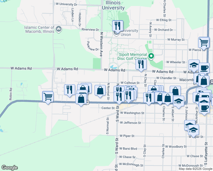 map of restaurants, bars, coffee shops, grocery stores, and more near 1115 West Calhoun Street in Macomb