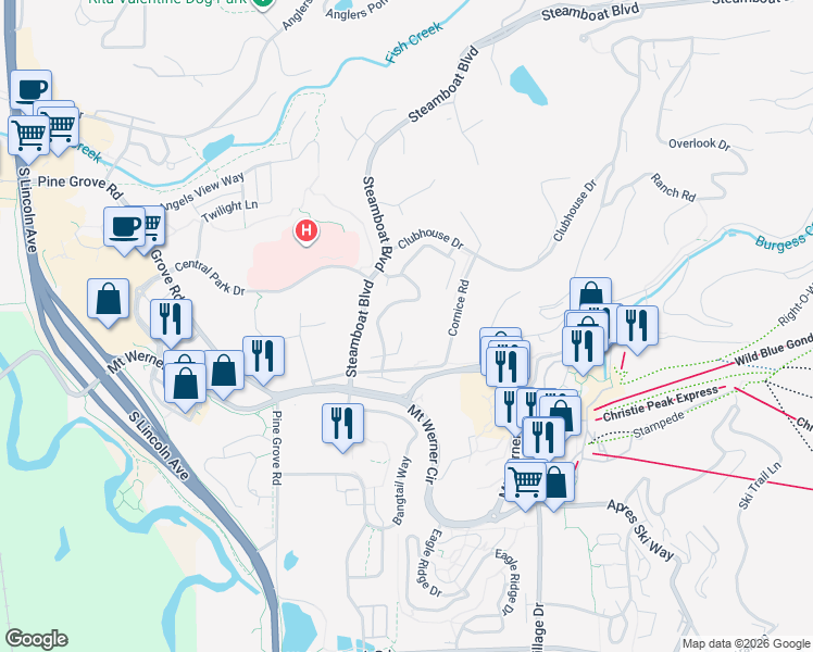 map of restaurants, bars, coffee shops, grocery stores, and more near 1387 Turning Leaf Court in Steamboat Springs