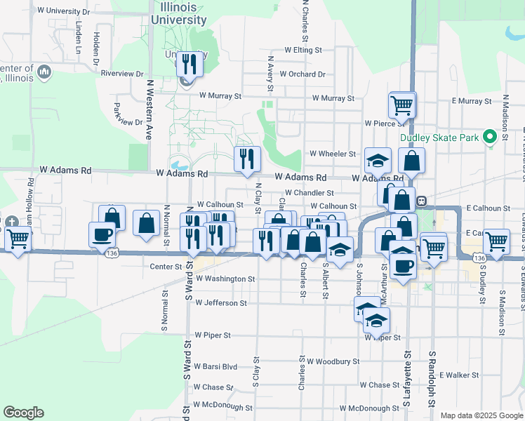 map of restaurants, bars, coffee shops, grocery stores, and more near 233 North Clay Street in Macomb