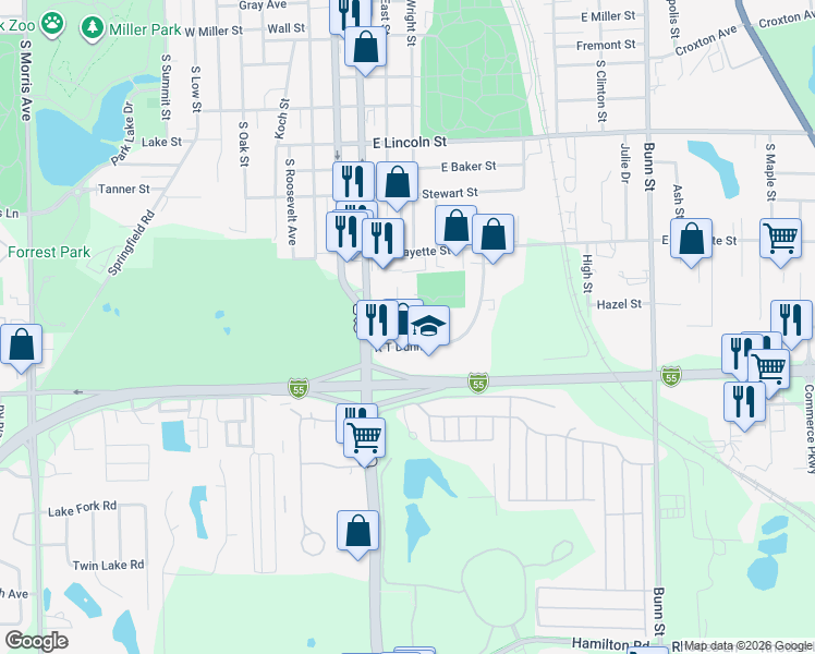 map of restaurants, bars, coffee shops, grocery stores, and more near 17 Toms Drive in Bloomington
