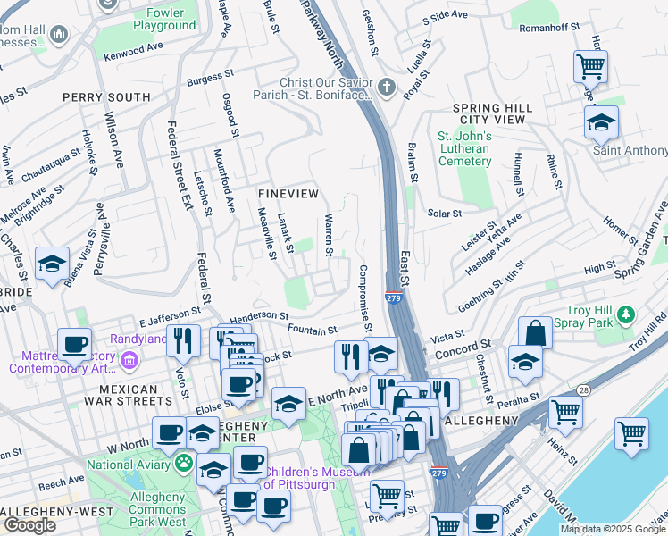map of restaurants, bars, coffee shops, grocery stores, and more near 1604 Warren Street in Pittsburgh