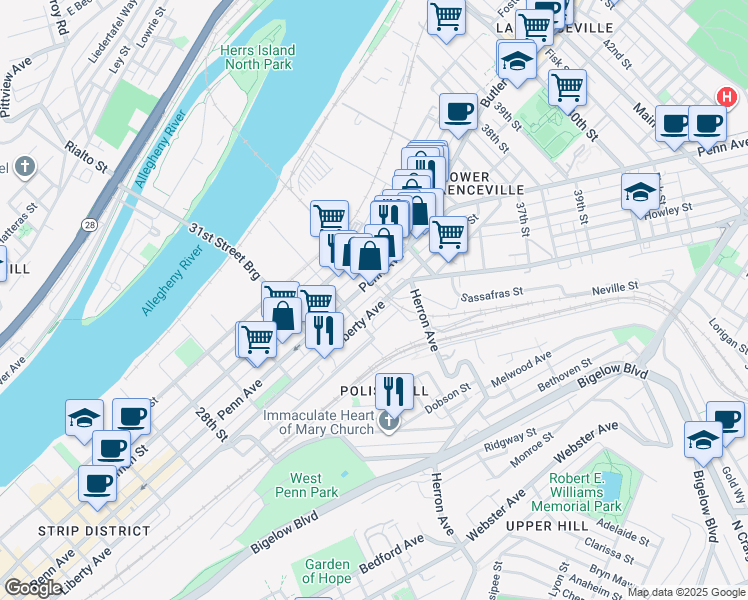 map of restaurants, bars, coffee shops, grocery stores, and more near 3223 Liberty Avenue in Pittsburgh