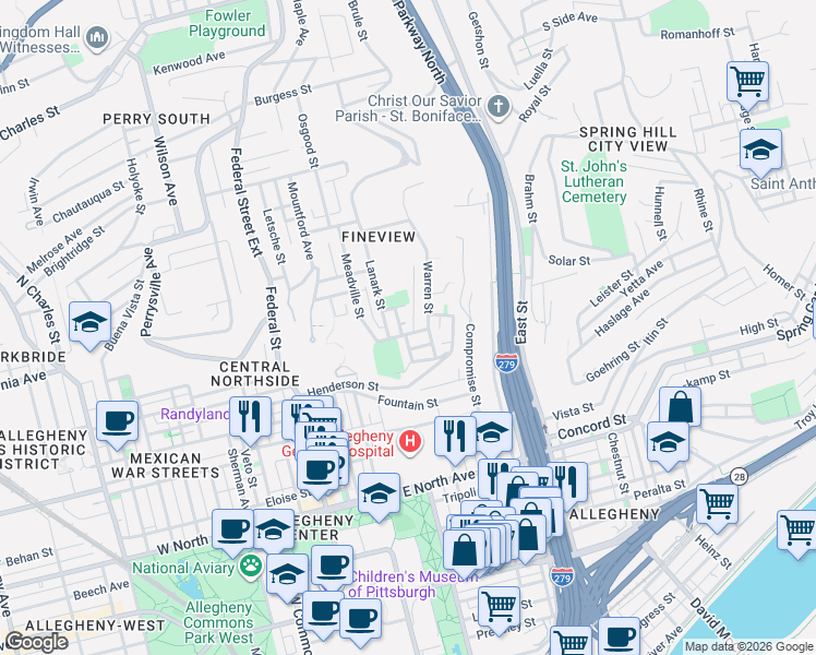 map of restaurants, bars, coffee shops, grocery stores, and more near 1609 Myler Street in Pittsburgh
