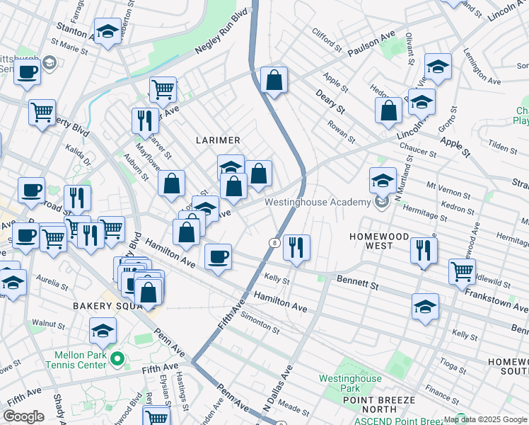 map of restaurants, bars, coffee shops, grocery stores, and more near 529 Finley Street in Pittsburgh