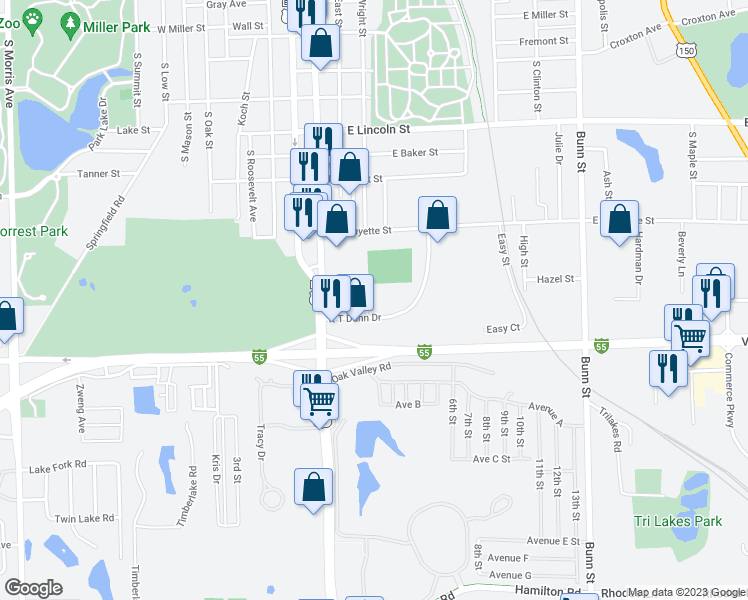 map of restaurants, bars, coffee shops, grocery stores, and more near 8 Toms Drive in Bloomington