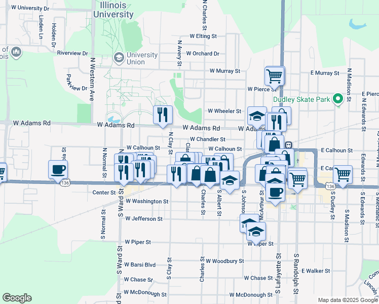 map of restaurants, bars, coffee shops, grocery stores, and more near 533 Clark Street in Macomb