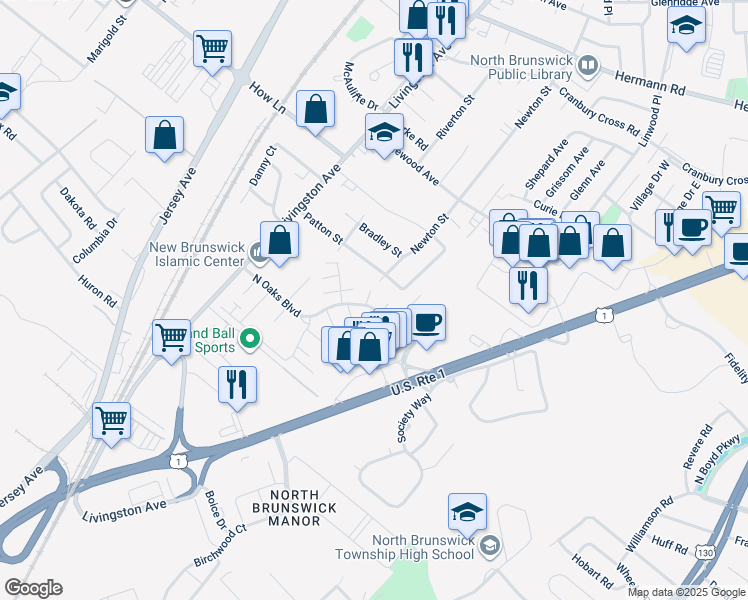 map of restaurants, bars, coffee shops, grocery stores, and more near 1403 North Oaks Boulevard in North Brunswick Township