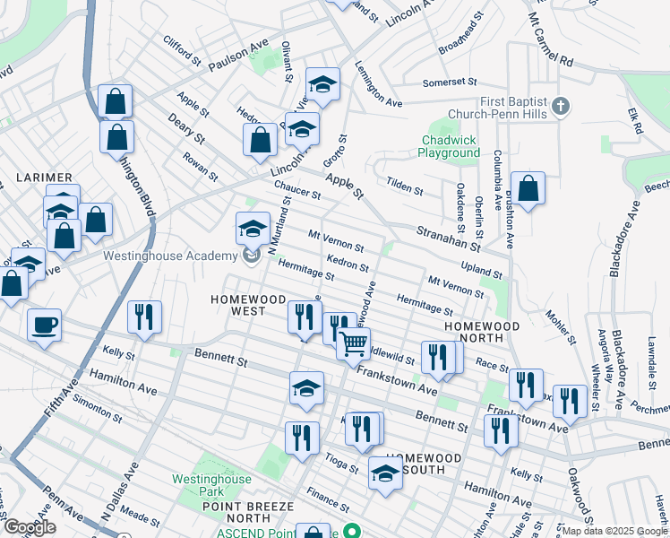 map of restaurants, bars, coffee shops, grocery stores, and more near 1203 North Lang Avenue in Pittsburgh