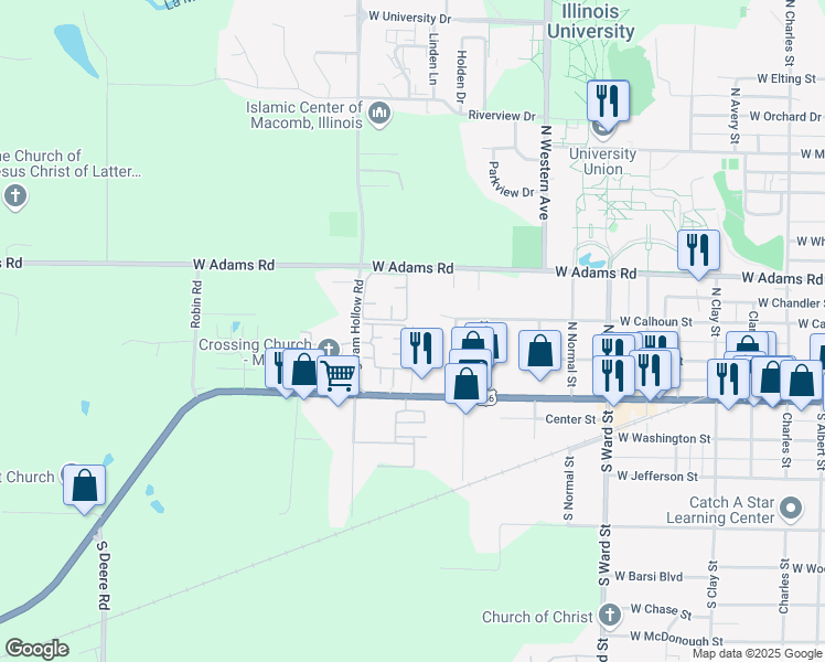 map of restaurants, bars, coffee shops, grocery stores, and more near 218 Charleston Boulevard in Macomb