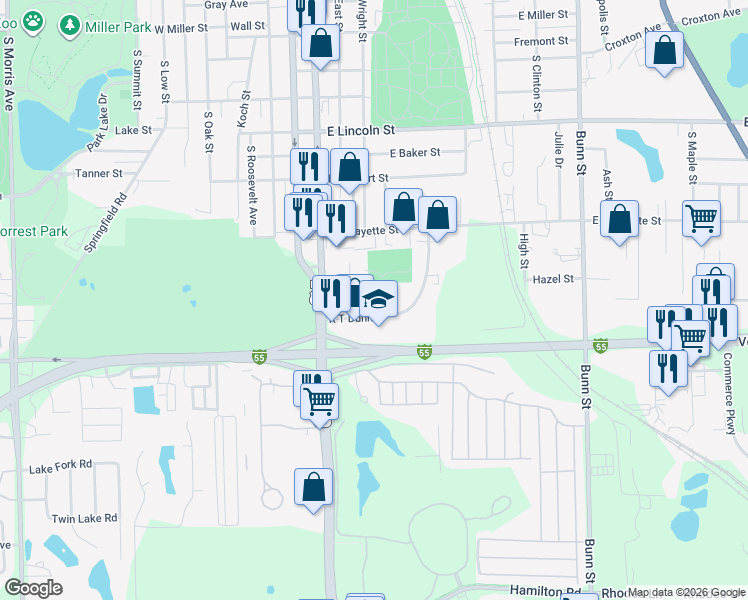 map of restaurants, bars, coffee shops, grocery stores, and more near 18 Toms Drive in Bloomington