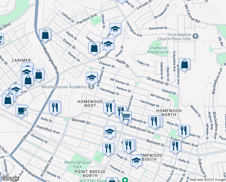 map of restaurants, bars, coffee shops, grocery stores, and more near 1203 North Lang Avenue in Pittsburgh