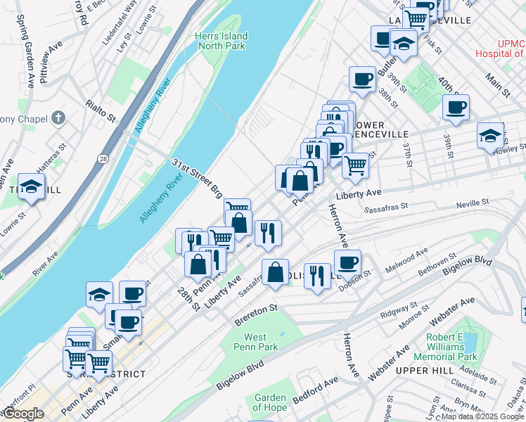 map of restaurants, bars, coffee shops, grocery stores, and more near 3150 Smallman Street in Pittsburgh