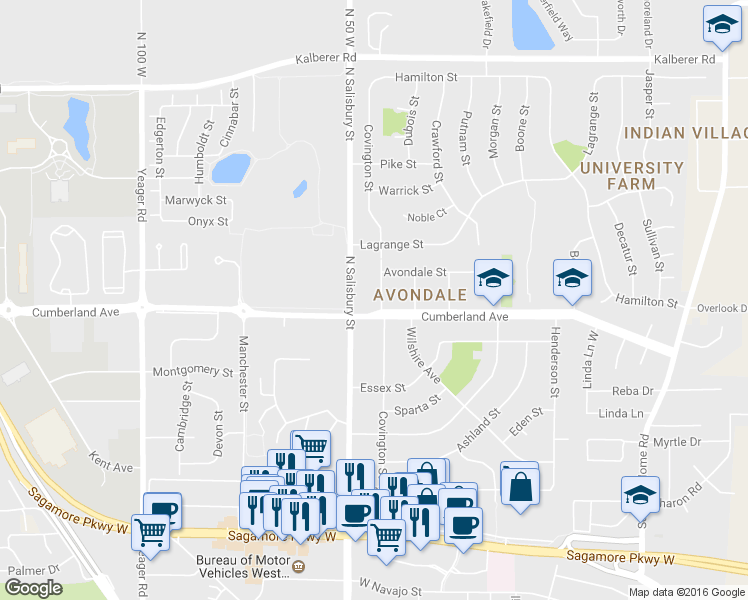 map of restaurants, bars, coffee shops, grocery stores, and more near 3005 Covington Street in West Lafayette