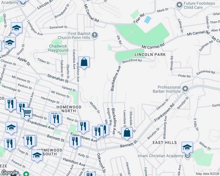 map of restaurants, bars, coffee shops, grocery stores, and more near 1255 Blackadore Avenue in Pittsburgh