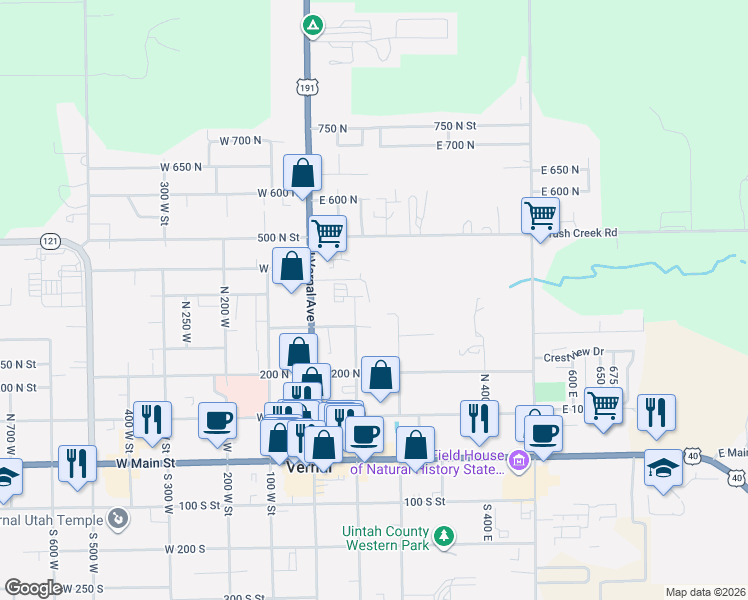 map of restaurants, bars, coffee shops, grocery stores, and more near 320 East 200 South in Vernal